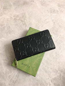 Gu.cci GG Zipper Wallet Embossed Black Leather 625558