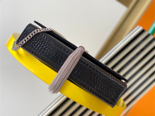 Y.S.L KATE MEDIUM TASSEL IN CROCODILE EMBOSSED Leather Silver Tone Metal Black Color