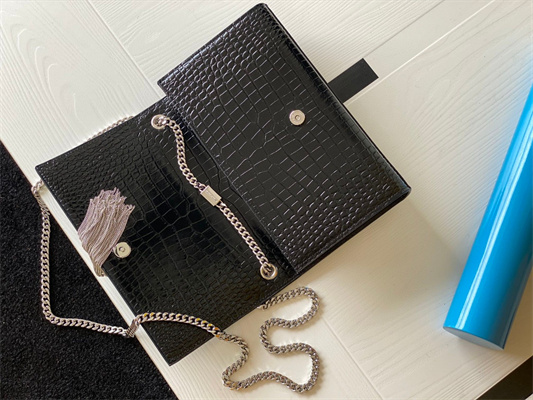 Y.S.L KATE MEDIUM TASSEL IN CROCODILE EMBOSSED Leather Silver Tone Metal Black Color