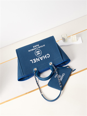 Cha.nel Deauville Large Shopping Bag Mixed Fibers Gold Tone Metal Blue A66941