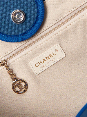Cha.nel Deauville Large Shopping Bag Mixed Fibers Gold Tone Metal Blue A66941