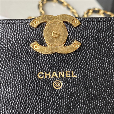 Cha.nel Wallet On Chain Grained Calfskin Gold Tone Metal Black AP3021