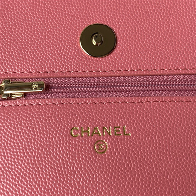 Cha.nel Wallet On Chain Grained Calfskin Gold Tone Metal Pink AP3180