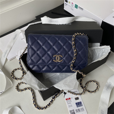 Cha.nel Wallet On Chain Grained Calfskin Gold Tone Metal Navy AP3180