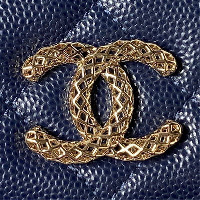 Cha.nel Wallet On Chain Grained Calfskin Gold Tone Metal Navy AP3180