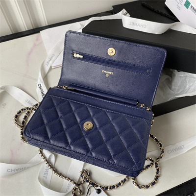 Cha.nel Wallet On Chain Grained Calfskin Gold Tone Metal Navy AP3180
