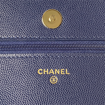 Cha.nel Wallet On Chain Grained Calfskin Gold Tone Metal Navy AP3180