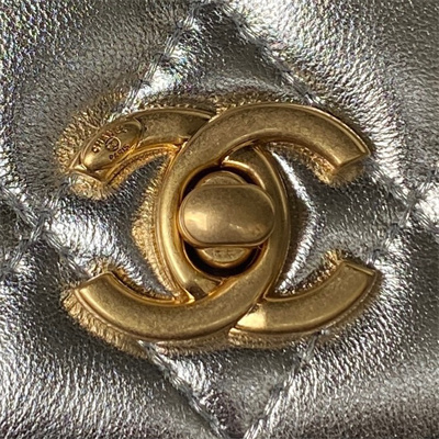 Cha.nel Wallet On Chain With Handel Shinny Calfskin Gold Tone Metal Silver AP3240