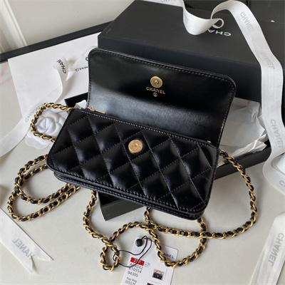 Cha.nel Wallet On Chain With Handel Shinny Calfskin Gold Tone Metal Black AP3242