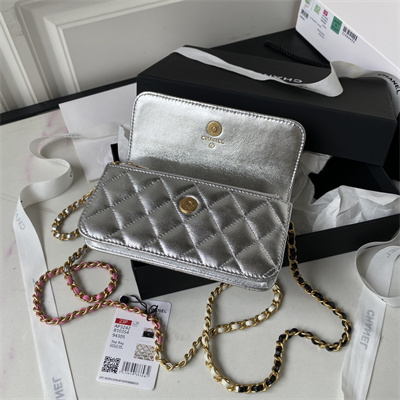 Cha.nel Wallet On Chain With Handel Shinny Calfskin Gold Tone Metal Silver AP3242