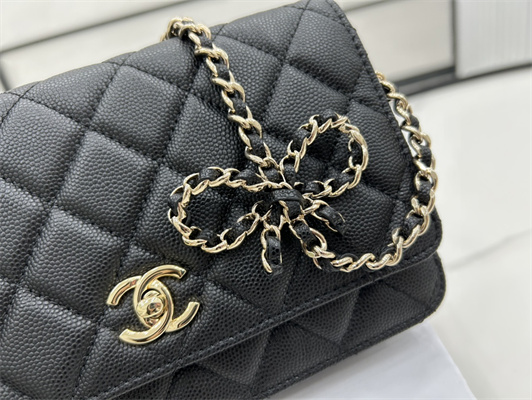 Cha.nel Wallet On Chain With Bowknot Grained Calfskin Gold Tone Metal Black AP3304