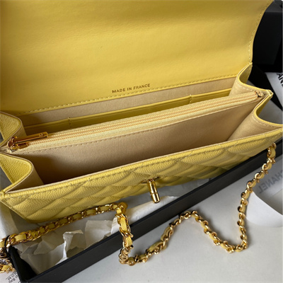 Cha.nel Wallet On Chain Grained Calfskin Gold Tone Metal Yellow AP3318
