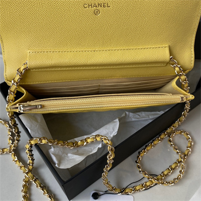 Cha.nel Wallet On Chain Grained Calfskin Gold Tone Metal Yellow AP3336
