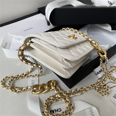 Cha.nel Wallet On Chain Grained Calfskin Gold Tone Metal White AP3368