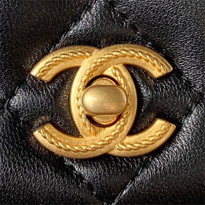 Cha.nel Wallet On Chain With Top Handle Lambskin Gold Tone Metal Black AP3381