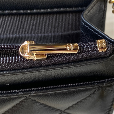 Cha.nel Wallet On Chain With Top Handle Lambskin Gold Tone Metal Black AP3381