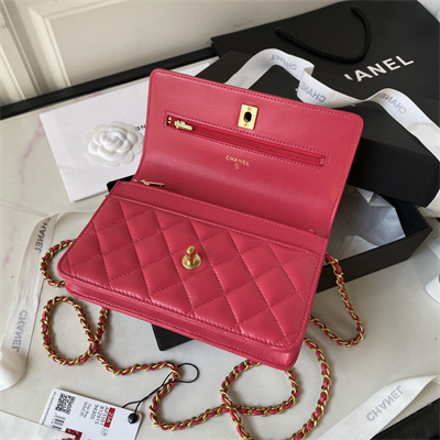 Cha.nel Wallet On Chain With Top Handle Lambskin Gold Tone Metal Peach Blossom AP3381