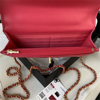 Cha.nel Wallet On Chain With Top Handle Lambskin Gold Tone Metal Peach Blossom AP3381