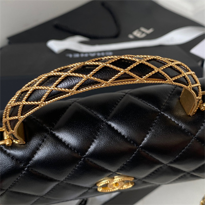 Cha.nel Wallet On Chain With Top Handle Shiny Calfskin Gold Tone Metal Black AP3385