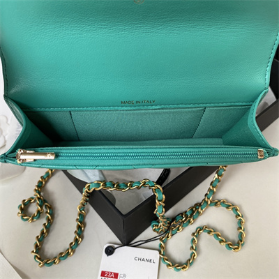 Cha.nel Wallet On Chain With Top Handle Shiny Calfskin Gold Tone Metal Green AP3385