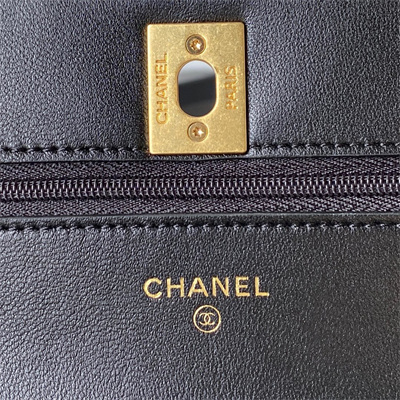 Cha.nel Wallet On Chain Lambskin Gold Tone Metal Little lion Black AP3424