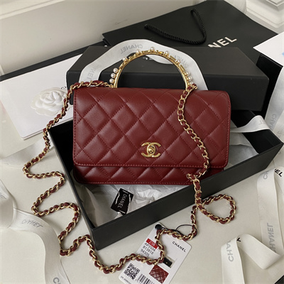 Cha.nel Wallet On Chain With Top Handle Lambskin Gold Tone Metal Burgundy AP3504