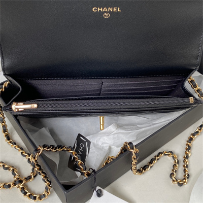 Cha.nel Wallet On Chain With Top Handle Lambskin Gold Tone Metal Black AP3504
