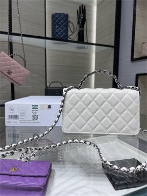 Cha.nel Wallet On Chain With Top Handle Shiny Calfskin Silver Tone Metal White AP3566