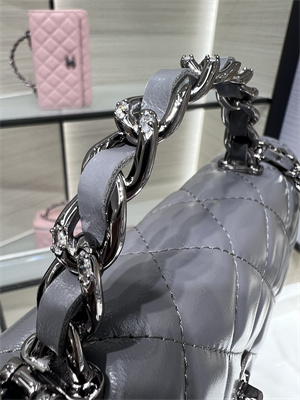 Cha.nel Wallet On Chain With Top Handle Shiny Calfskin Silver Tone Metal Grey AP3566