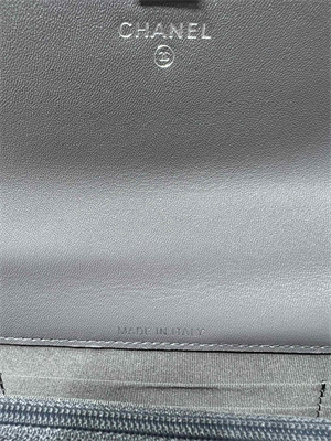 Cha.nel Wallet On Chain With Top Handle Shiny Calfskin Silver Tone Metal Grey AP3566