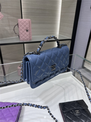 Cha.nel Wallet On Chain With Top Handle Shiny Calfskin Silver Tone Metal Blue AP3566