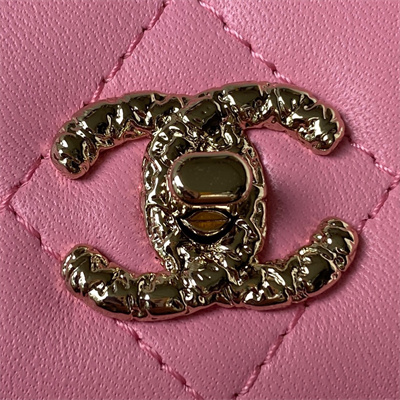 Cha.nel Wallet On Chain With Top Handle Lambskin Gold Tone Metal Pink AP3574