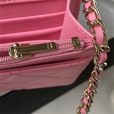 Cha.nel Wallet On Chain With Top Handle Lambskin Gold Tone Metal Pink AP3574