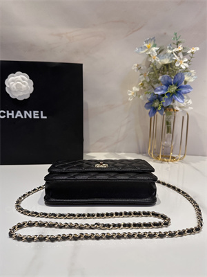 Cha.nel Wallet On Chain With Top Handle Lambskin Gold Tone Metal Black AP3574