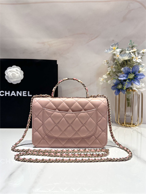 Cha.nel Wallet On Chain With Top Handle Lambskin Gold Tone Metal Light Pink AP3574