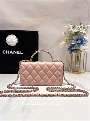 Cha.nel Wallet On Chain With Top Handle Lambskin Gold Tone Metal Light Pink AP3575