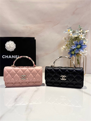 Cha.nel Wallet On Chain With Top Handle Lambskin Gold Tone Metal Black AP3575