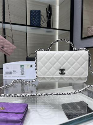 Cha.nel Wallet On Chain With Top Handle Shiny Calfskin Silver Tone Metal White AP3645