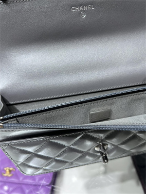 Cha.nel Wallet On Chain With Top Handle Shiny Calfskin Silver Tone Metal Grey AP3645