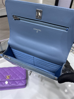 Cha.nel Wallet On Chain With Top Handle Shiny Calfskin Silver Tone Metal Blue AP3645