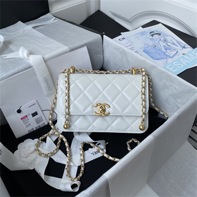 Cha.nel Mini Flap Bag Calfskin With Gold Ball Gold Tone Metal White AS2615