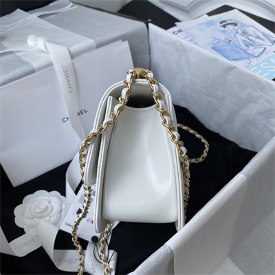 Cha.nel Mini Flap Bag Calfskin With Gold Ball Gold Tone Metal White AS2615
