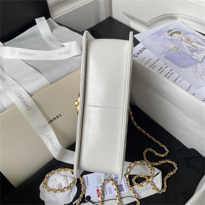 Cha.nel Small Flap Bag Calfskin With Gold Ball Gold Tone Metal White AS2649