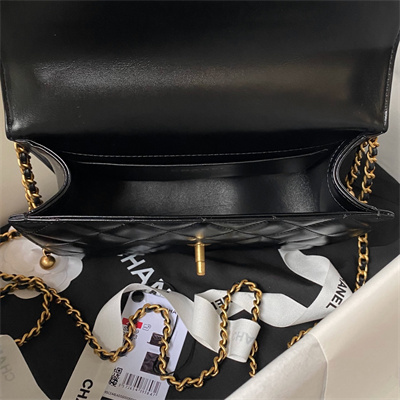 Cha.nel Small Flap Bag Calfskin With Gold Ball Gold Tone Metal Black AS2649