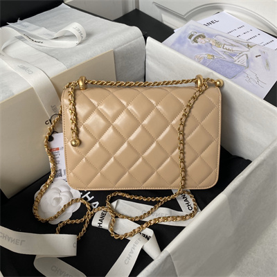 Cha.nel Small Flap Bag Calfskin With Gold Ball Gold Tone Metal Beige AS2649