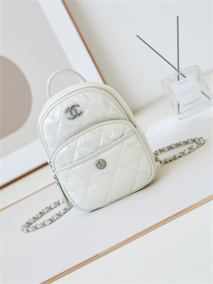 Cha.nel Backpack Nylon & Silver-Tone Metal White AS4366