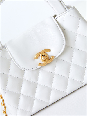Cha.nel Mini Shopping Bag Kelly Bag Shiny Aged Calfskin Gold-Tone Metal White AS4416