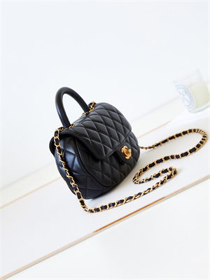 Cha.nel Flap Bag With Top Handle Lambskin Gold Tone Metal Black AS4569