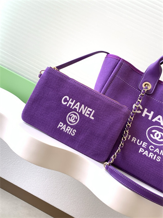 Chanel Deauville Small Shopping Bag Mixed Fibers Gold Tone Metal Purple AS3257