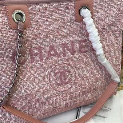 Cha.nel Deauville MM Shopping Bag Mixed Fibers Silver Tone Metal Pink A67001